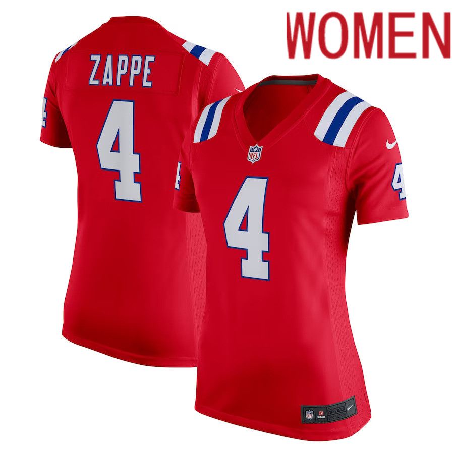 Women New England Patriots #4 Bailey Zappe Nike Red Alternate Game Player NFL Jersey->women nfl jersey->Women Jersey